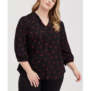 Torrid Bow Print 3/4 Sleeve Tie Neck Peasant Blouse Size 5X red black